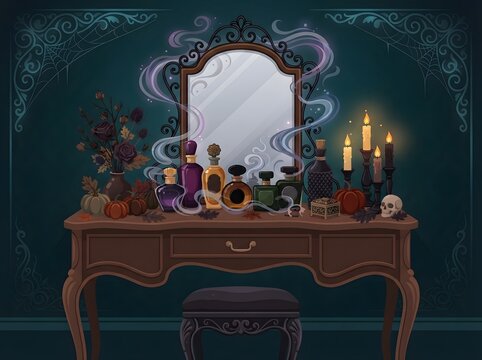 Vintage vanity table with mirror perfume bottles and candles in a dark gothic room