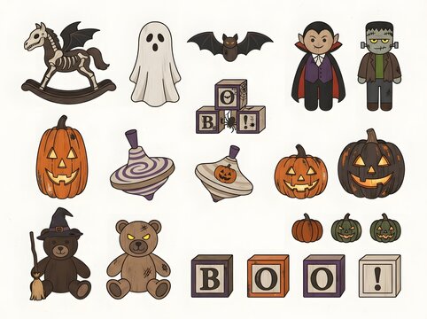 Set of cute cartoon halloween characters and spooky toys for kids party design elements