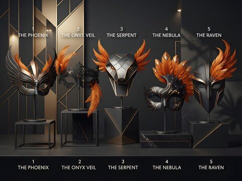 Five fantasy creature masks with fire feathers displayed on stands in a dark room setting