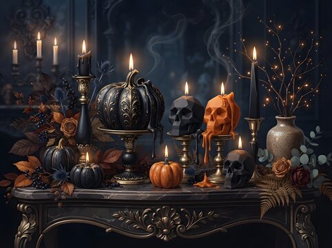 Spooky halloween table with pumpkins candles and human skulls in a dark room