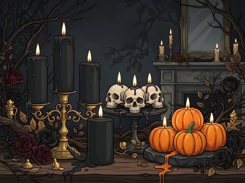 Spooky halloween skulls and pumpkins with burning candles on a dark vintage fireplace