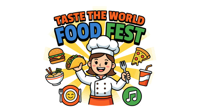 A captivating logo for a food festival, featuring vibrant illustrations of various cuisines and a cheerful chef, symbolizing the celebration of diverse culinary cultures and unity.