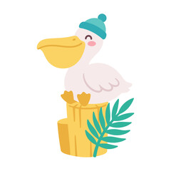 Fototapeta premium Cute cartoon pelican wearing a hat sitting on a stump.