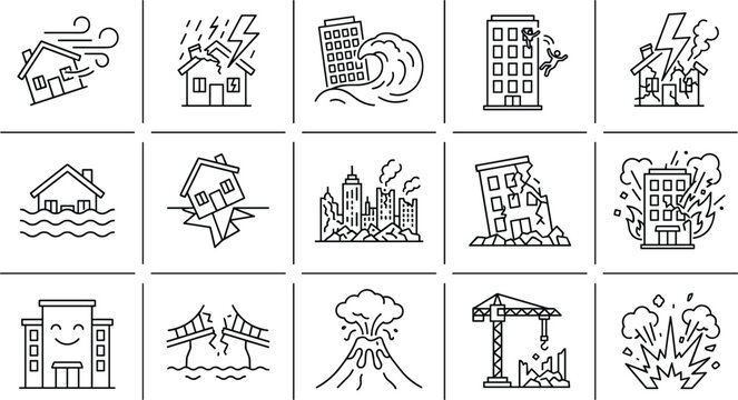 Natural disaster icons depicting house destruction earthquake damage city flood volcano eruption storm wind emergency insurance accident