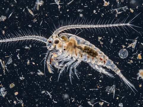 A microscopic copepod zooplankton under darkfield microscopy