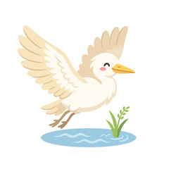 Fototapeta premium Cute cartoon egret bird flying over water with wings spread.