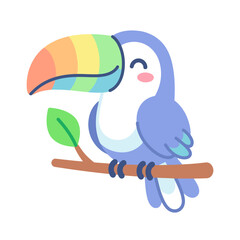Obraz premium Cute cartoon toucan bird with rainbow beak sitting on a branch.