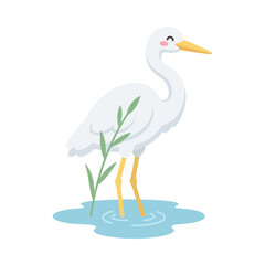 Fototapeta premium Cute cartoon egret standing in shallow water with a plant.