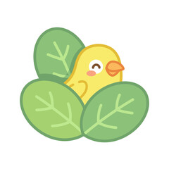 Obraz premium Cute cartoon chick hiding behind green leaves illustration.