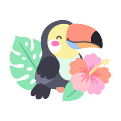 Obraz premium Cute cartoon toucan bird with hibiscus flower and tropical leaves.