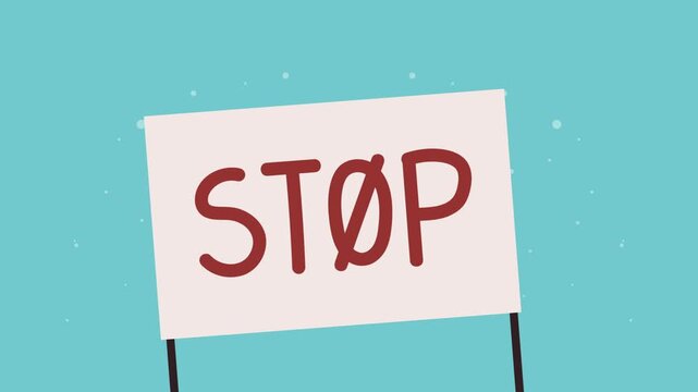 A stop sign with the word stop in red against a blue background, motion graphic.