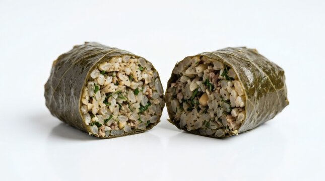 Single Stuffed Grape Leaf Dolma Cut Half Showing Rice Filling Pure White Background Macro Detail

