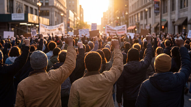 A diverse crowd of people participating in a protest, marching down a city street with fists raised at sunset, advocating for social justice and change.