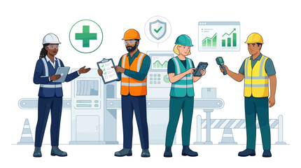 Obraz premium Diverse industrial workers wearing colorful safety gear including hard hats and reflective vests standing in a professional factory manufacturing plant setting while using digital tablets and handheld
