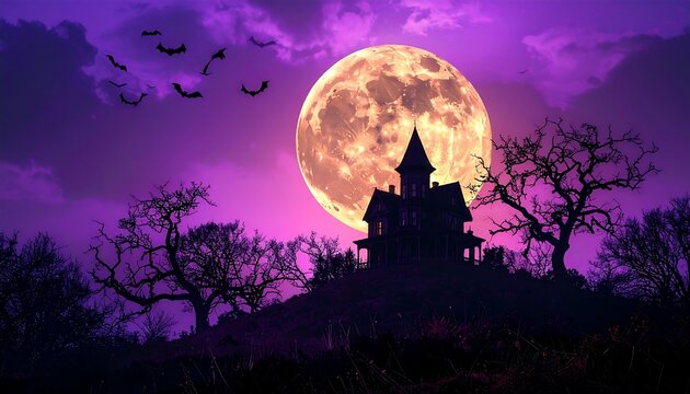 Spooky Haunted Mansion Silhouette with Giant Full Moon and Flying Bats on Purple Sky