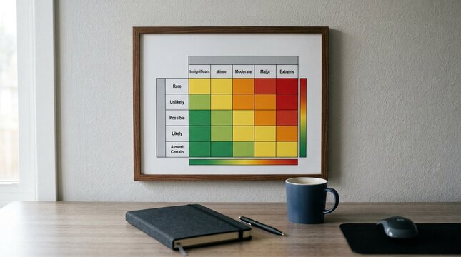 Risk Matrix Chart Mounted above an Office Desk - Business Risk Matrix Concept