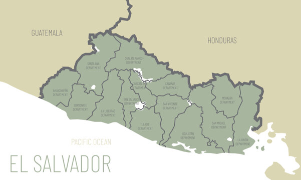 green vector map of el salvador with department divisions, regional borders and clean geographic outline