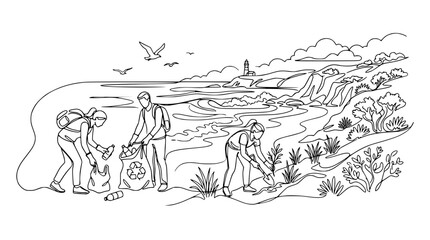 Obraz premium Volunteers cleaning beach and planting trees, coastal landscape, line art illustration