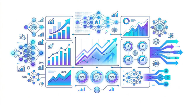 Artificial intelligence and machine learning neural network dashboard with data visualization analytics isolated on a white background for tech industry presentations.