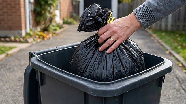 Close up of a hand placing a black plastic garbage bag into a large grey waste container for disposal on a residential driveway