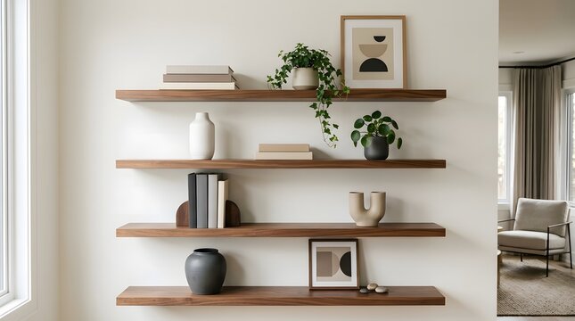 Modern wooden floating shelves