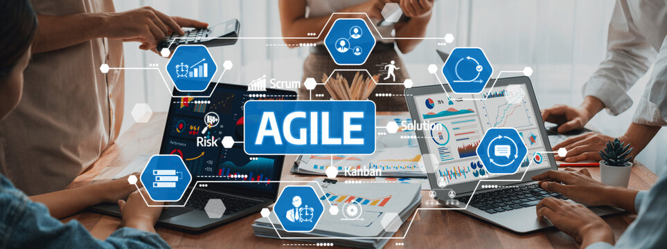 Panorama shot analyst team utilizing BI Fintech to analyze financial report with laptop. Businesspeople analyzing BI power dashboard displayed on laptop screen for business insight. Scrutinize Amity