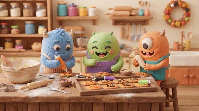 Whimsical felt monsters baking cookies in a miniature kitchen. Cute handmade plush characters in a cozy bakery. Soft felted wool monsters.