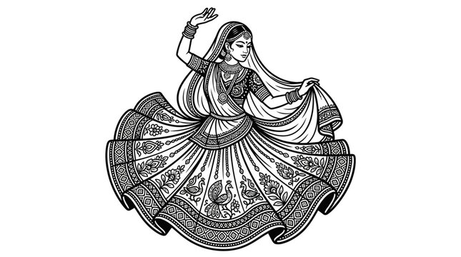 Indian classical dancer in Kathak pose with ornate sari.