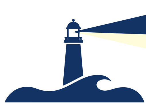 White lighthouse logo with light beam shining over stylized wave, minimal nautical emblem, guiding light symbol, flat vector illustration