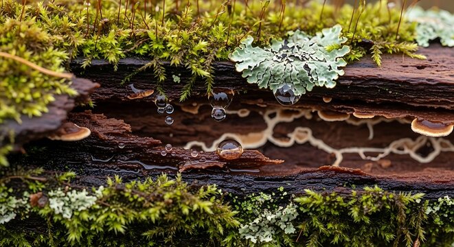 Close up of moss and fungi growing on decaying forest log with moisture