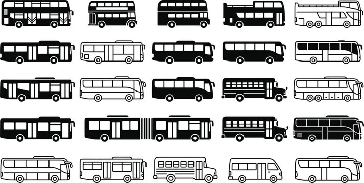 Public transit bus vehicle fleet line and solid icon set for urban logistics transport layout vector