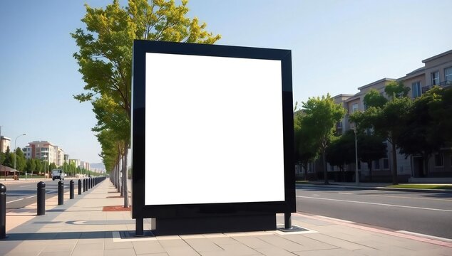 Modern black signboard mounted on a white building with a blue sky background