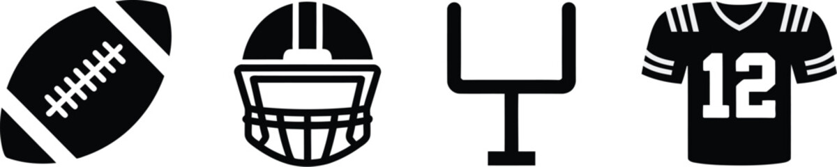 Fototapeta premium American football icon set featuring a ball, helmet, field goal post, and player sports jersey