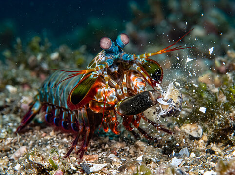 A peacock mantis shrimp smashing a shell underwater on the ocean floor