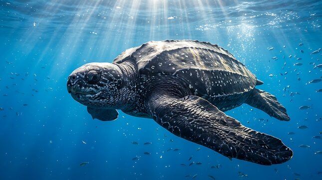 Majestic leatherback sea turtle swimming gracefully in the deep blue ocean with sunlight filtering through the water surface