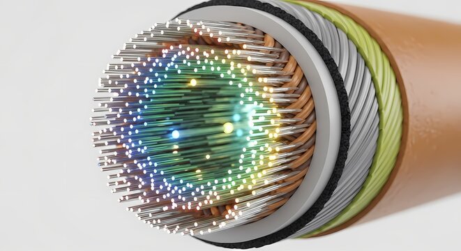 Cross section view showcasing the complex inner structure of a heavy duty telecommunication wire revealing numerous glass filaments transmitting brilliant glowing light signals for network