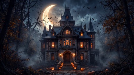 Obraz premium Spooky haunted mansion under crescent moon for halloween night