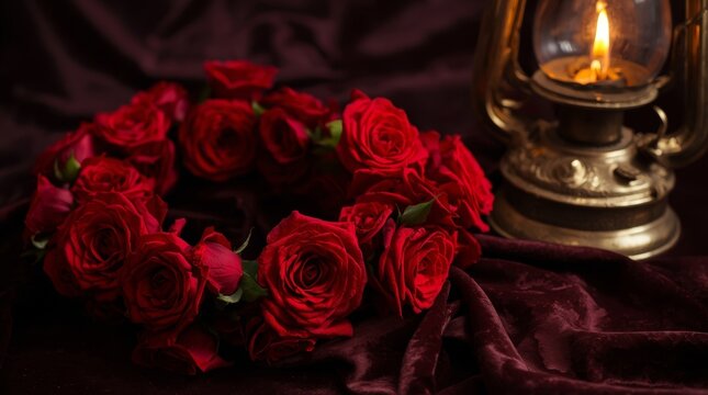 Elegant red roses bouquet glowing under candlelit lantern ambiance with velvet fabric illuminated