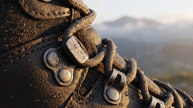 Detailed macro shot of a leather hiking boot covered in morning dew droplets during a mountain adventure