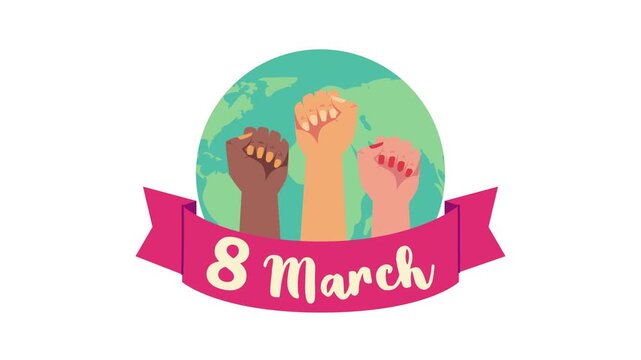 International womens day animation with interracial female fists raised in front of world globe and pink ribbon.