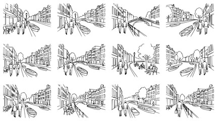 Fototapeta premium Hand-drawn Cityscape Collection: European Canal Street Scenes