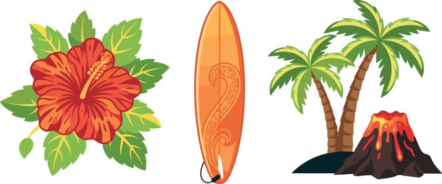 Tropical hawaiian vector elements featuring red hibiscus flower orange surfboard palm trees and active smoking lava volcano