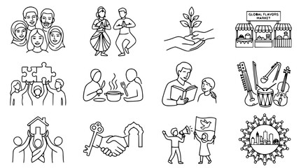 Fototapeta premium Diverse Community Icons: Family, Yoga, Growth, Market, Teamwork, Dining, Education, Music