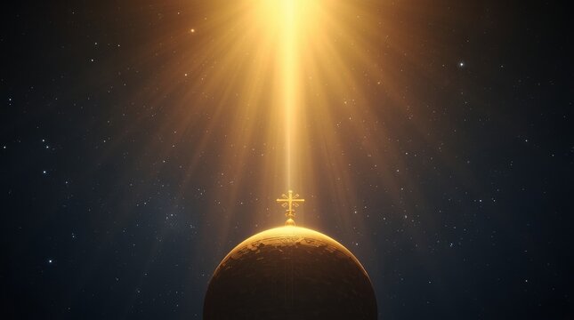 Golden dome with cross emitting radiant light beams against starry night sky with intense light rays