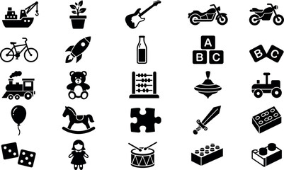 Kids toys and hobbies solid glyph icons set featuring childhood entertainment transportation games musical instruments and educational objects © MSTRAZINA