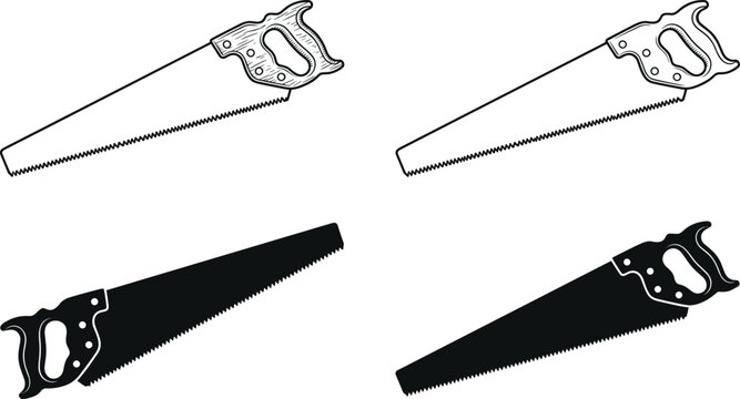 Woodworking hand saw tool collection in outline and solid styles for carpentry workshop graphic design vector