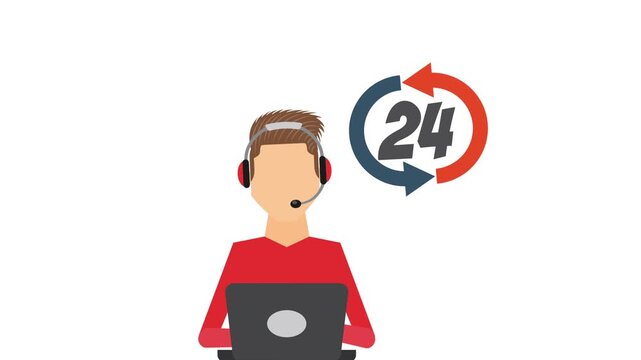 Customer service representative animation with headset and laptop featuring twenty four hours support symbol on white background.