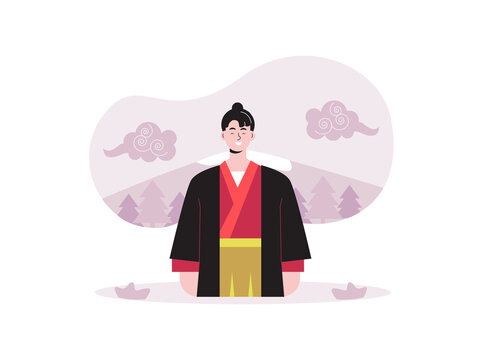 A Japanese man is wearing a traditional black Japanese robe with a red inner layer and golden-yellow trousers resembling hakama. Japanese culture illustrations. Flat vector concepts.