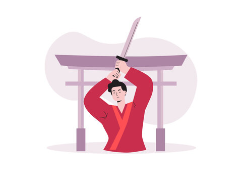 A Japanese man in a red robe holding a katana sword above their head. Japanese culture illustrations. Flat vector concepts.