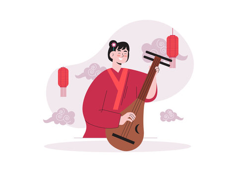 A Japanese girl in red traditional-style clothing playing a pipa. Japanese culture illustrations. Flat vector concepts.